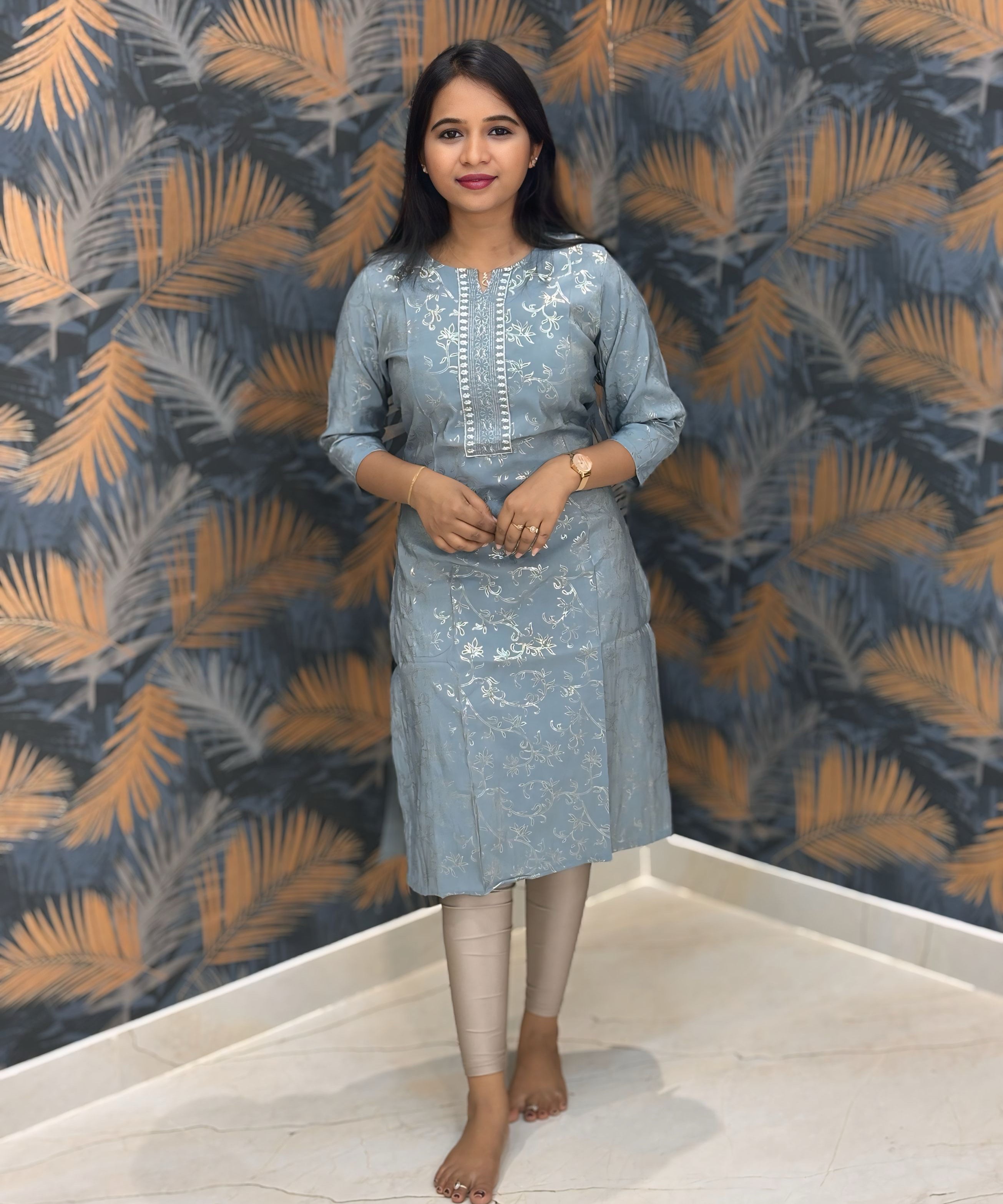 Gray Color Silk Cotton Straight Cut Kurti  / LSS169