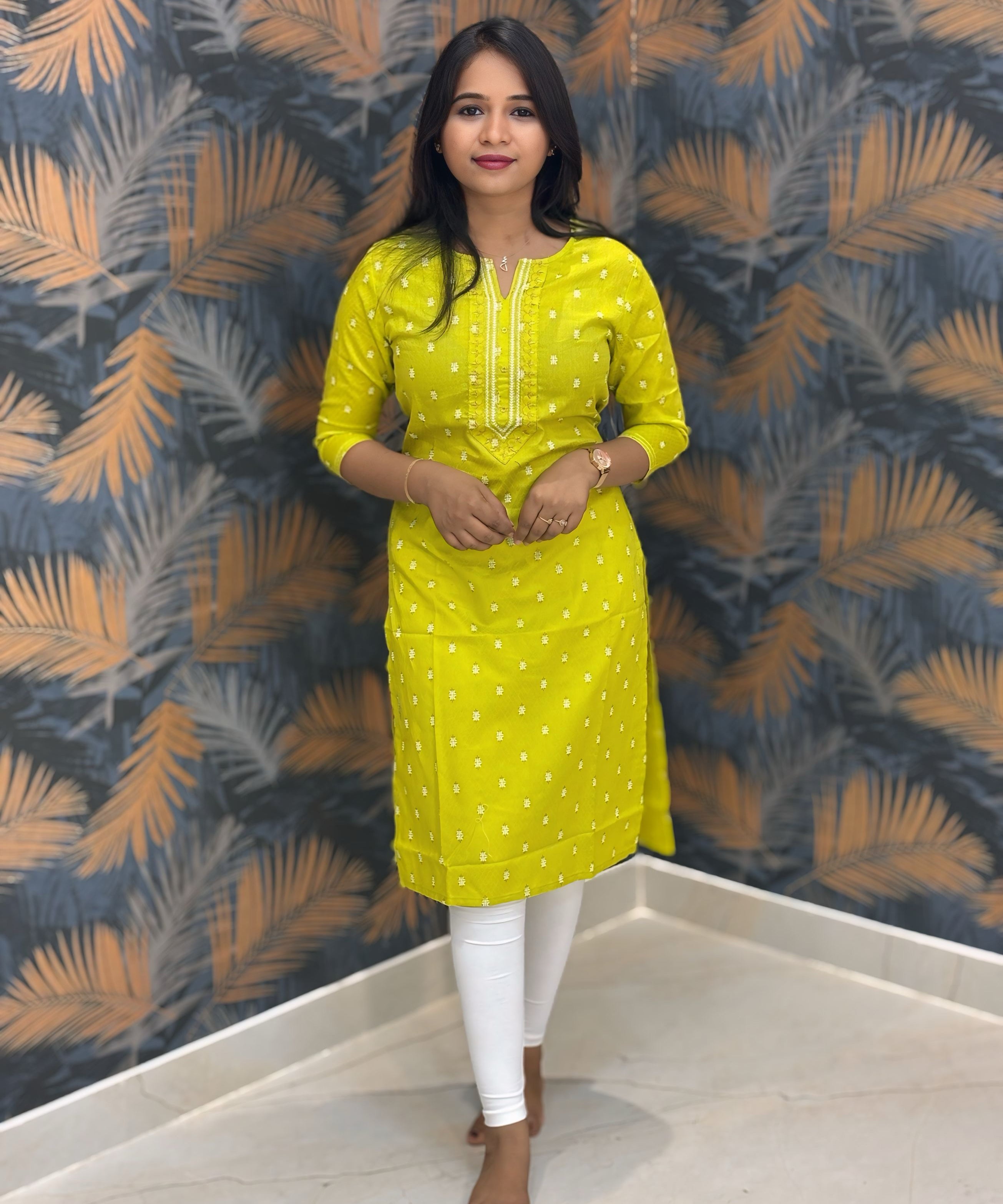 Yellowish Green Color Silk Cotton Straight Cut Kurti  / LSS169