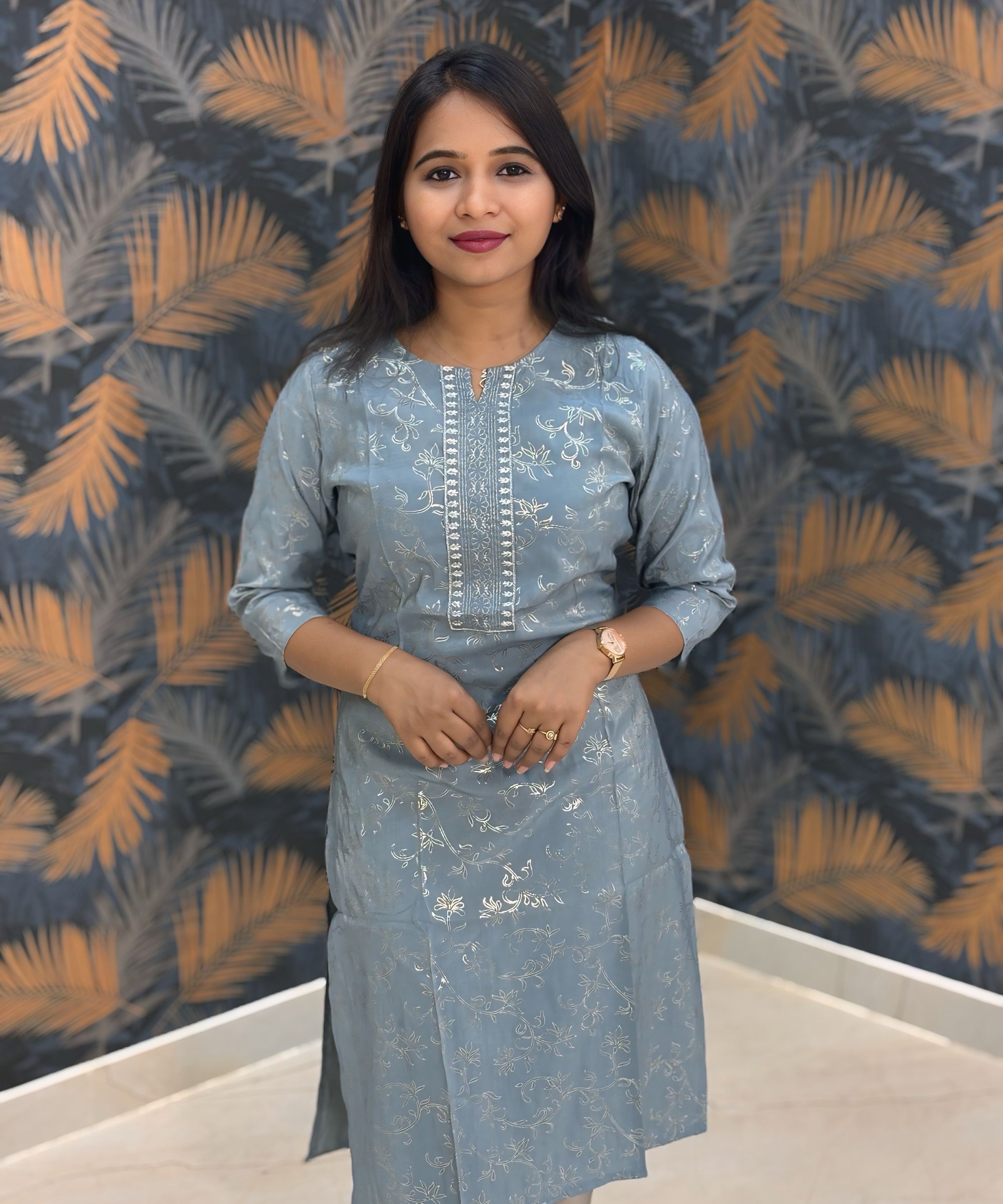 Gray Color Silk Cotton Straight Cut Kurti  / LSS169