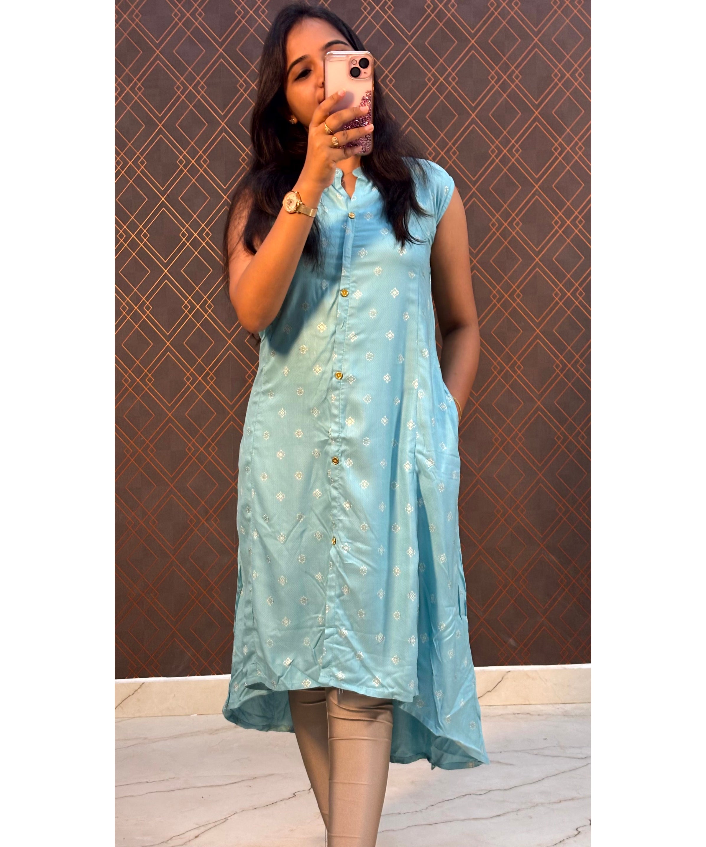 Sky Blue Rayon Fish Cut model Pocket Kurti / LSS142