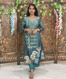 Teal Blue Color Premium Aari work Designer 3 Piece Salwar Set / ESS346