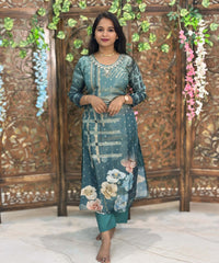 Teal Blue Color Premium Aari work Designer 3 Piece Salwar Set / ESS346