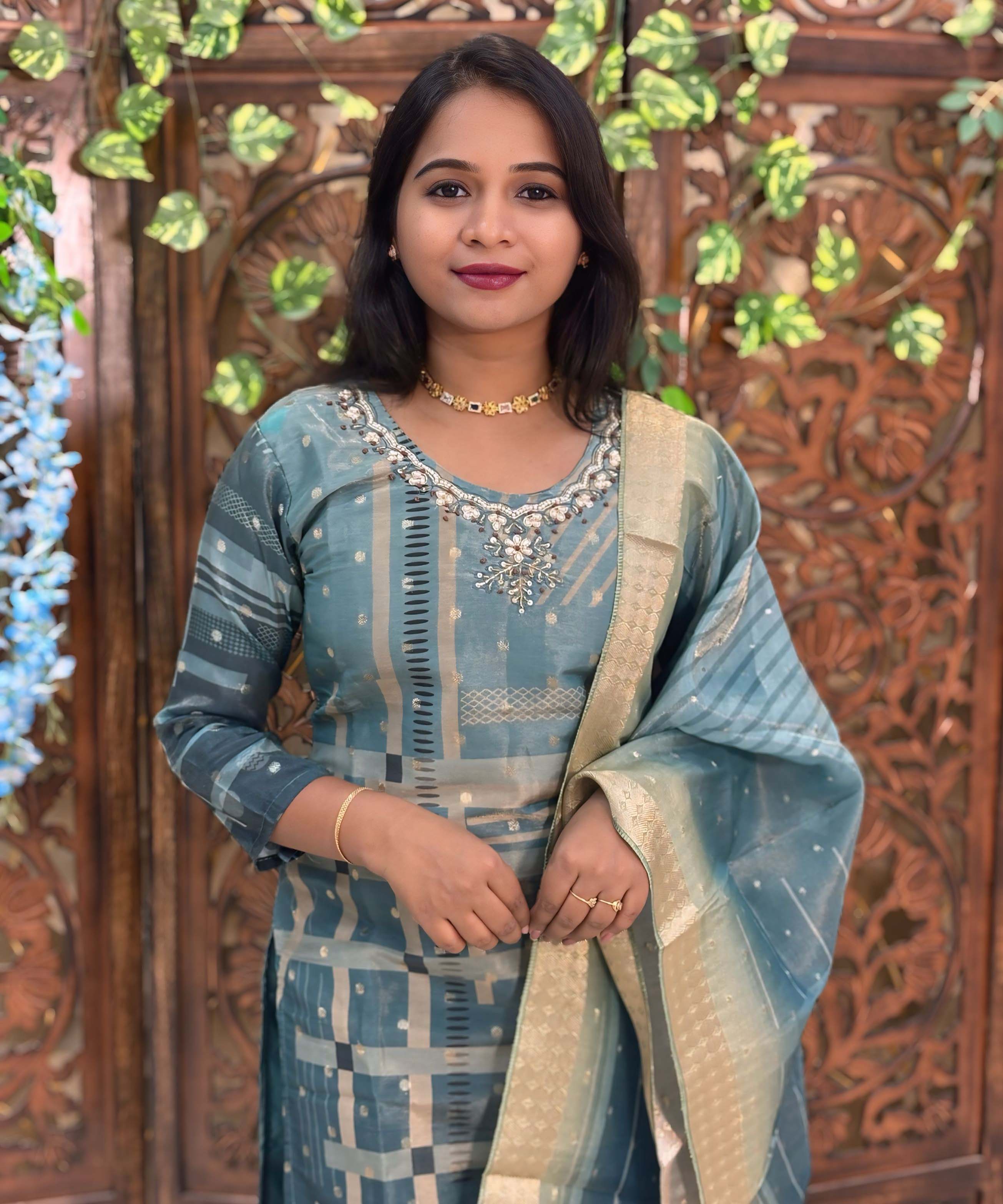 Teal Blue Color Premium Aari work Designer 3 Piece Salwar Set / ESS346