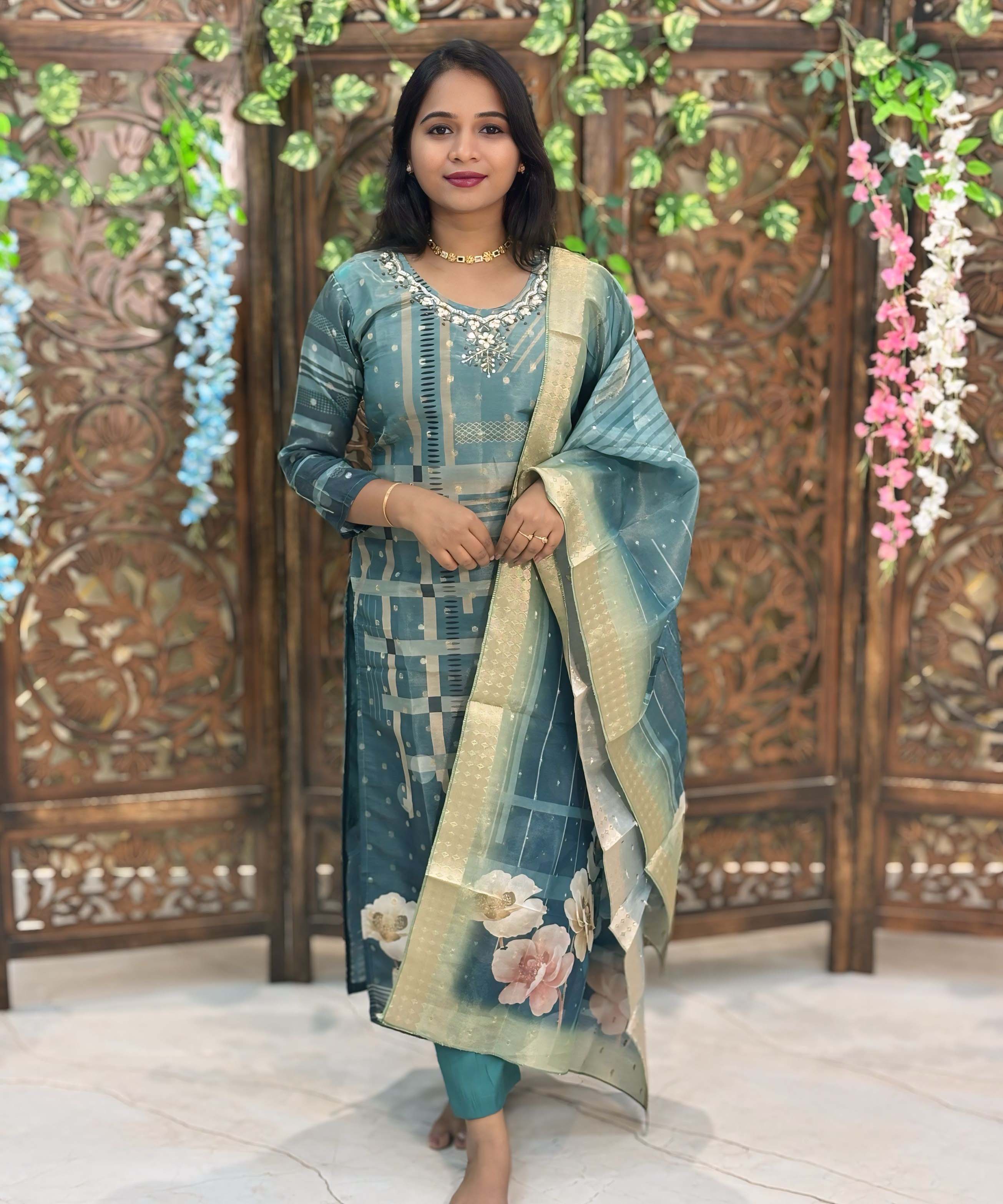 Teal Blue Color Premium Aari work Designer 3 Piece Salwar Set / ESS346