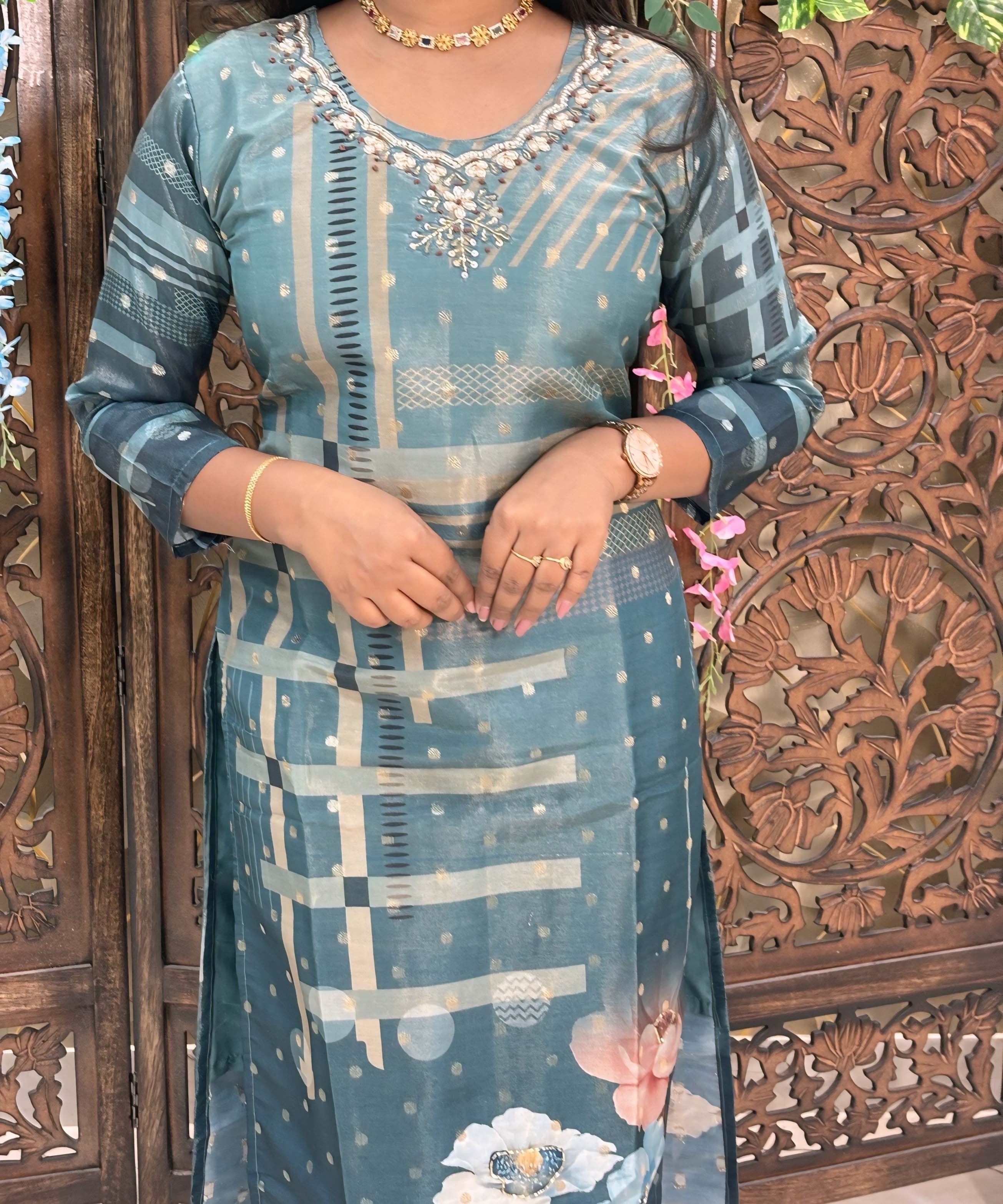 Teal Blue Color Premium Aari work Designer 3 Piece Salwar Set / ESS346