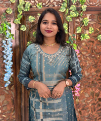 Teal Blue Color Premium Aari work Designer 3 Piece Salwar Set / ESS346