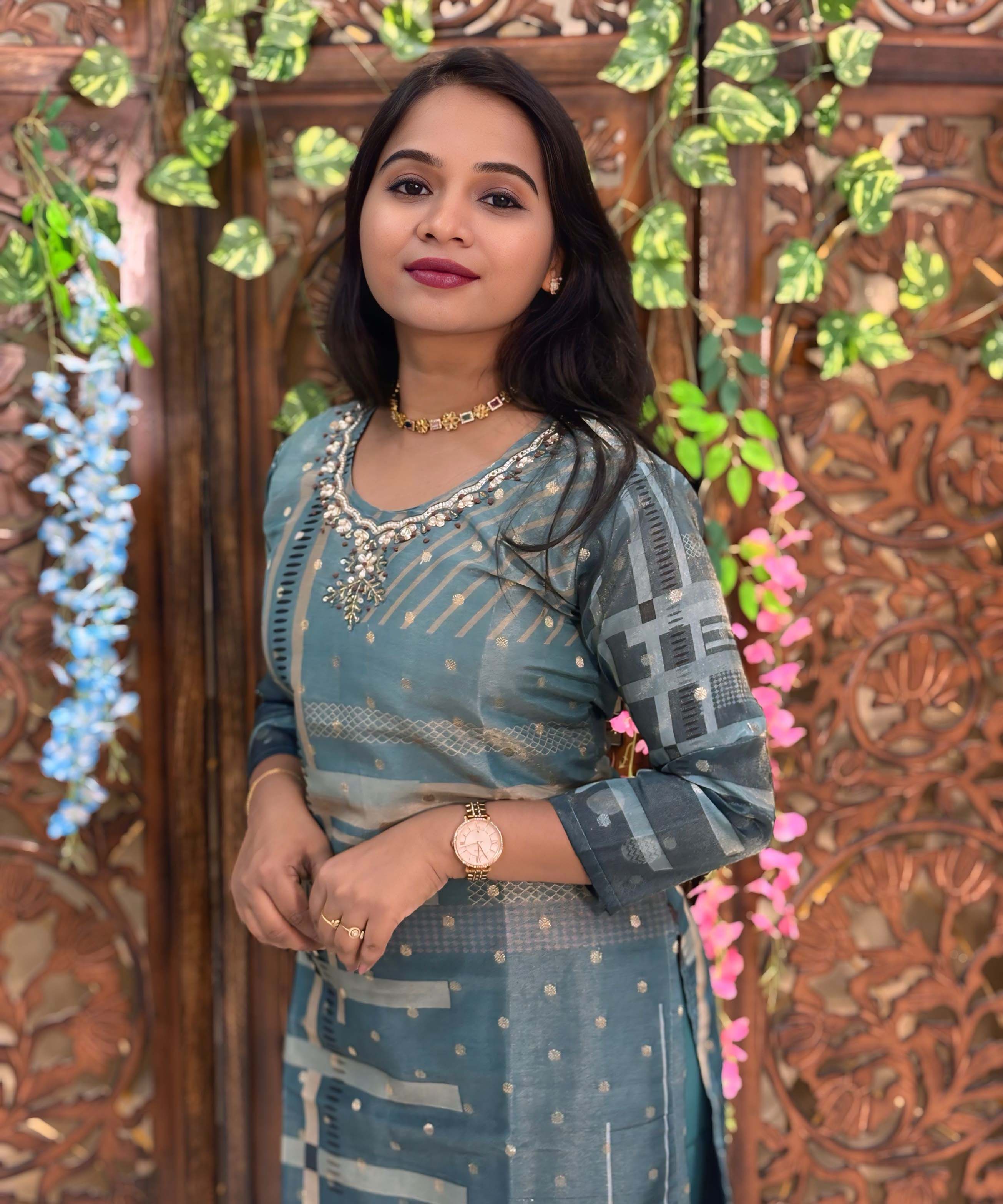 Teal Blue Color Premium Aari work Designer 3 Piece Salwar Set / ESS346