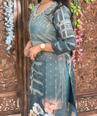 Teal Blue Color Premium Aari work Designer 3 Piece Salwar Set / ESS346