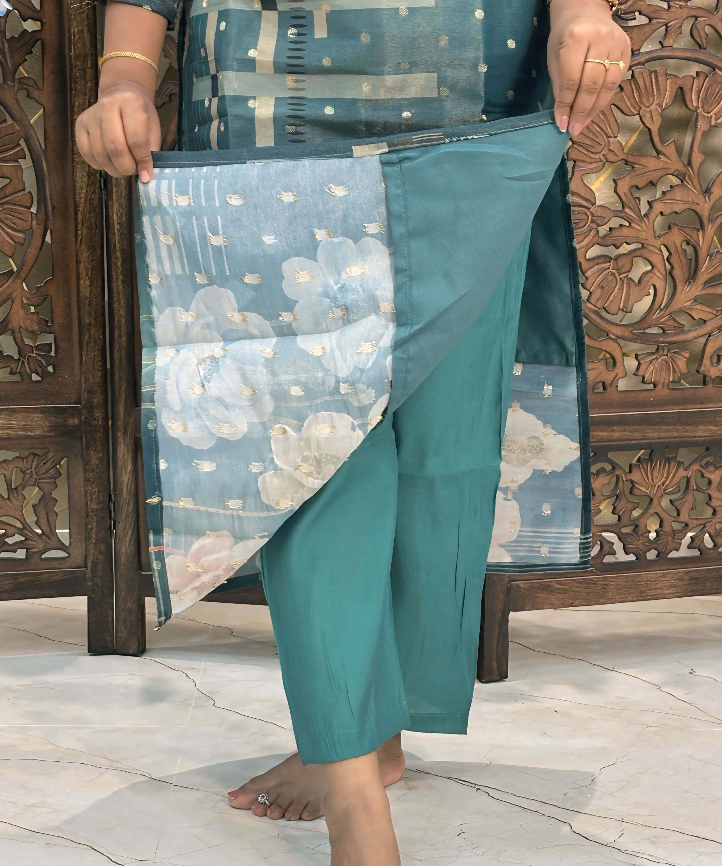 Teal Blue Color Premium Aari work Designer 3 Piece Salwar Set / ESS346