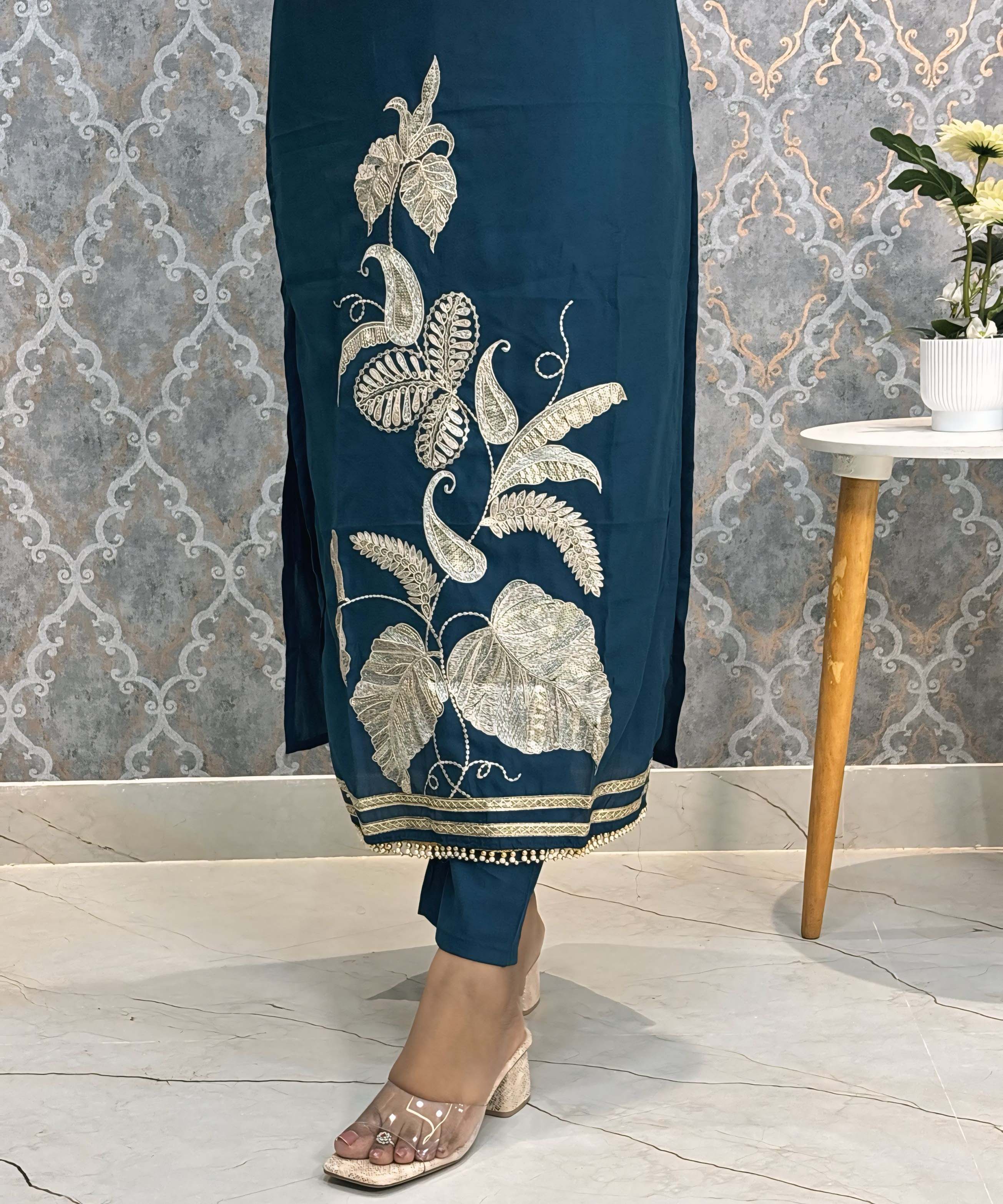 Teal Blue Designer Premium 3 Piece Salwar Set  / ESS363