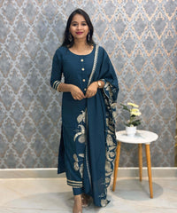 Teal Blue Designer Premium 3 Piece Salwar Set  / ESS363