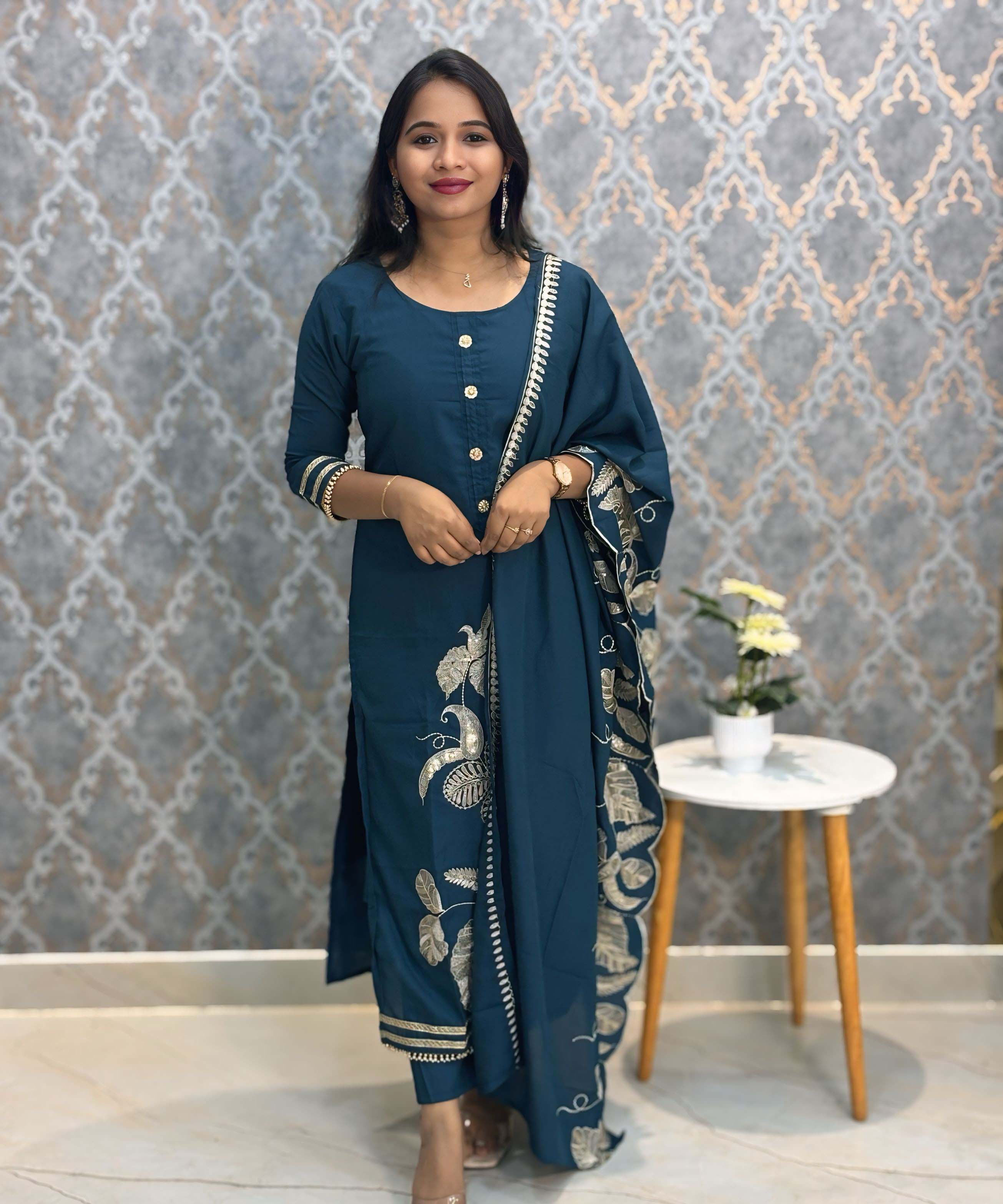 Teal Blue Designer Premium 3 Piece Salwar Set  / ESS363