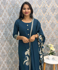 Teal Blue Designer Premium 3 Piece Salwar Set  / ESS363