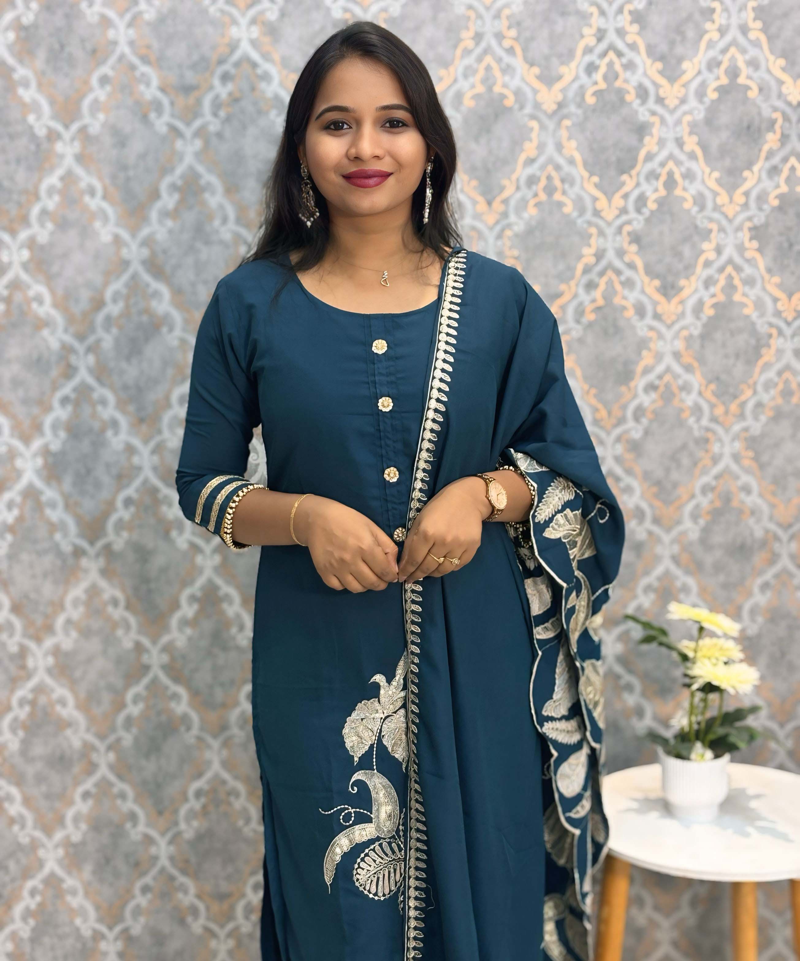 Teal Blue Designer Premium 3 Piece Salwar Set  / ESS363