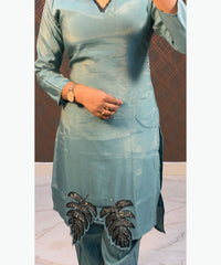 Tortoise Green Color V neck Premium Ethnic Co-ord Set / ESS257