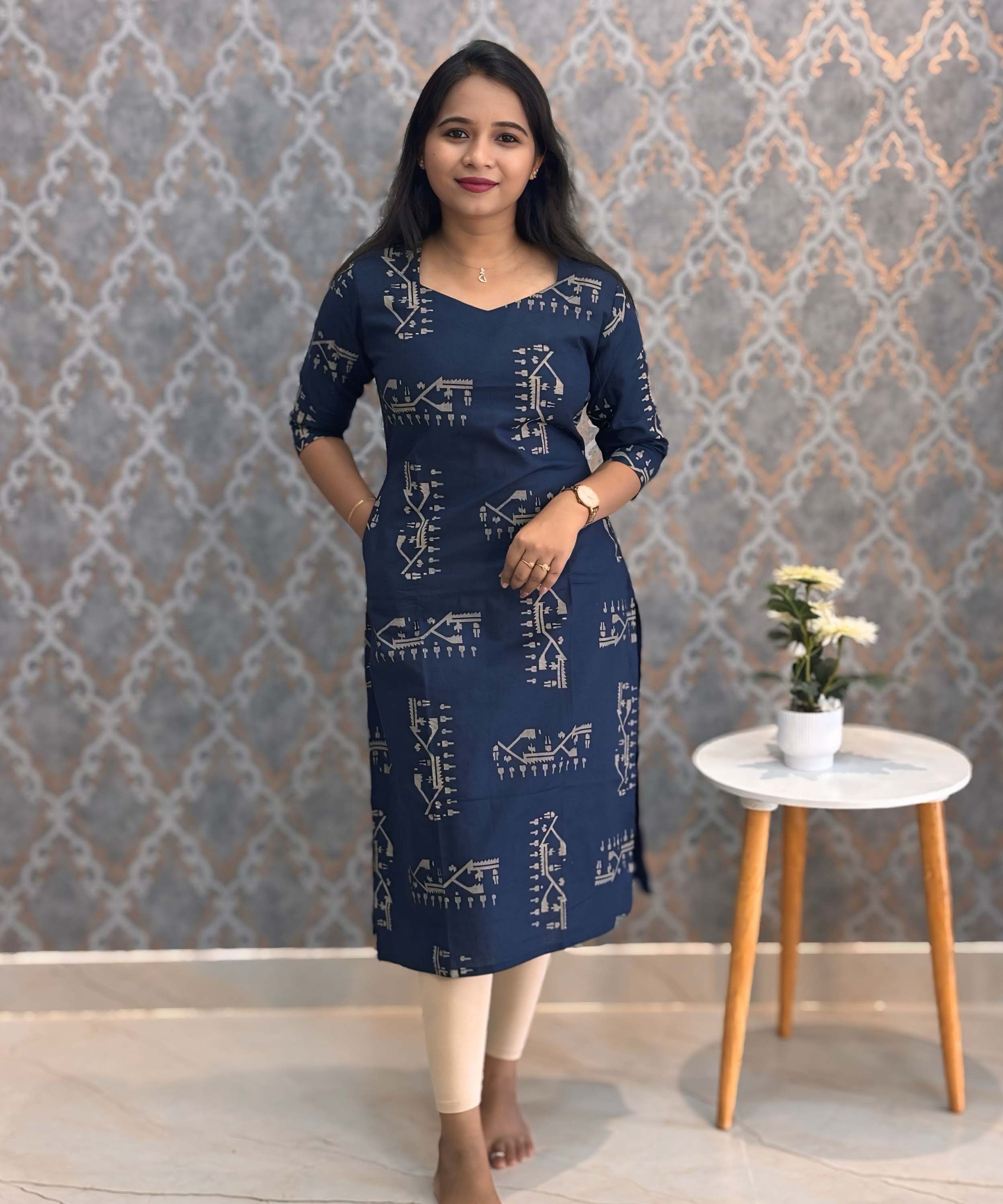 Navy Blue Color shaped V neck Flex Cotton Kurti with Pocket / LSS196