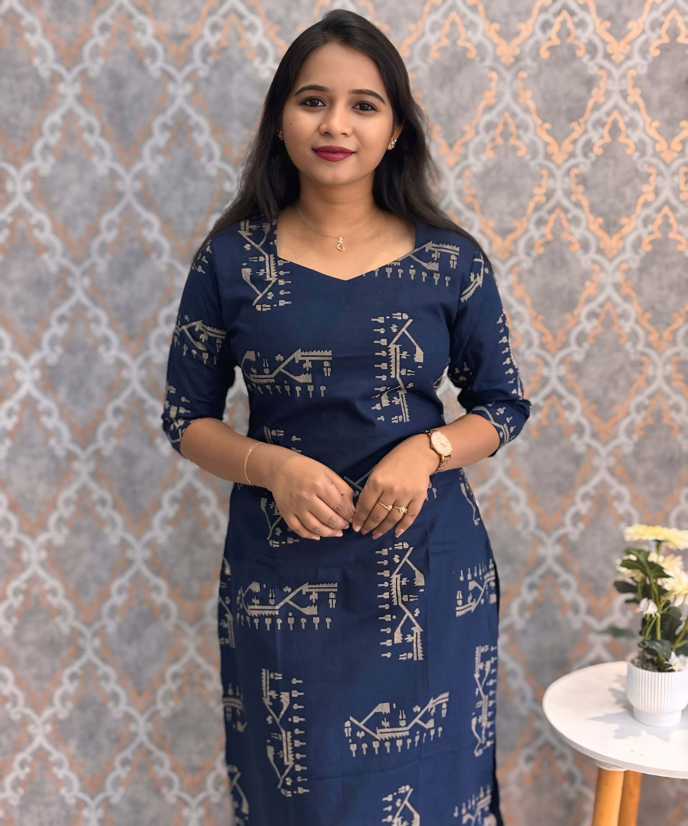 Navy Blue Color shaped V neck Flex Cotton Kurti with Pocket / LSS196