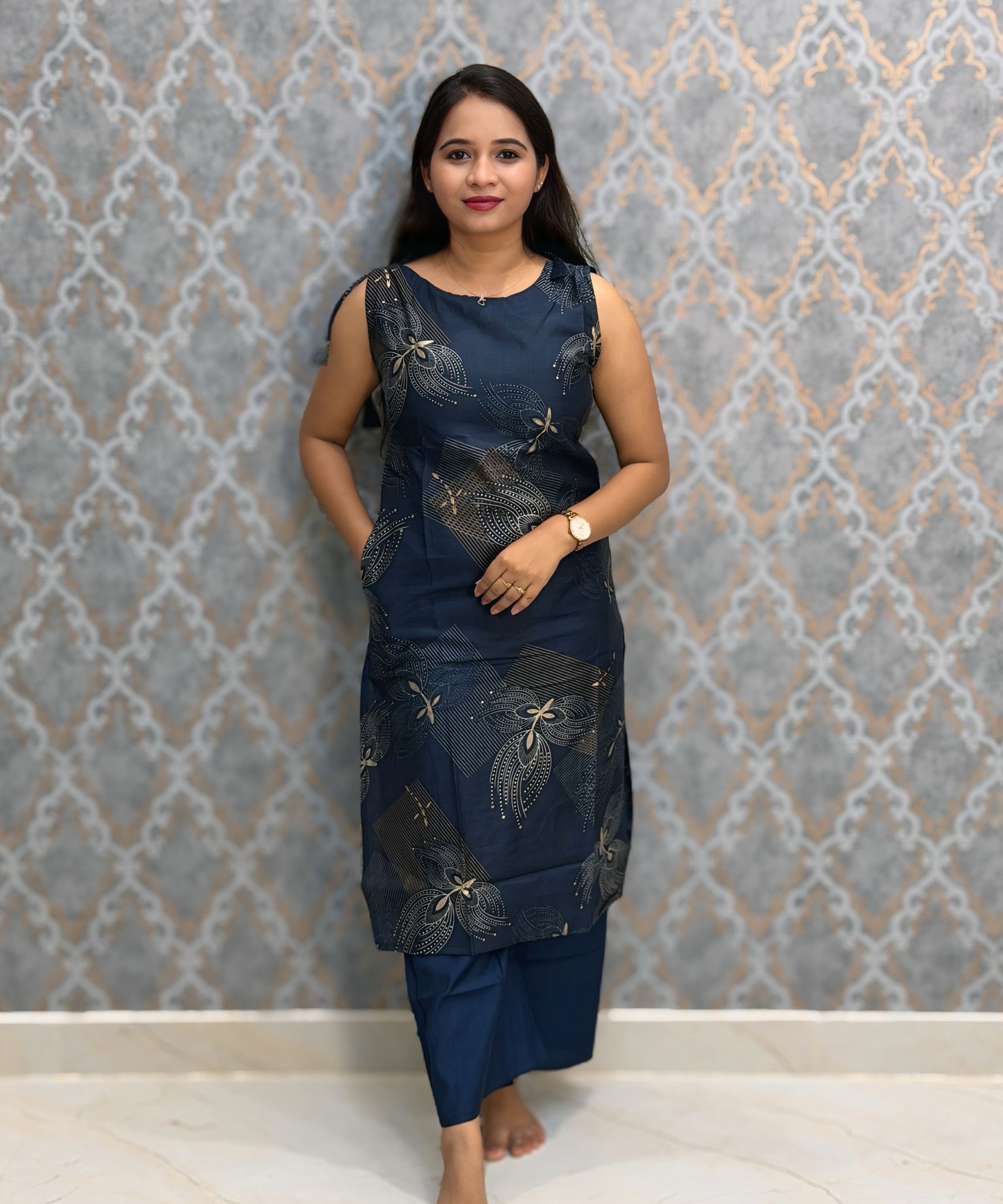 Blue Color Floral Design Vatican Silk Coord Set with Sleeves / ESS418