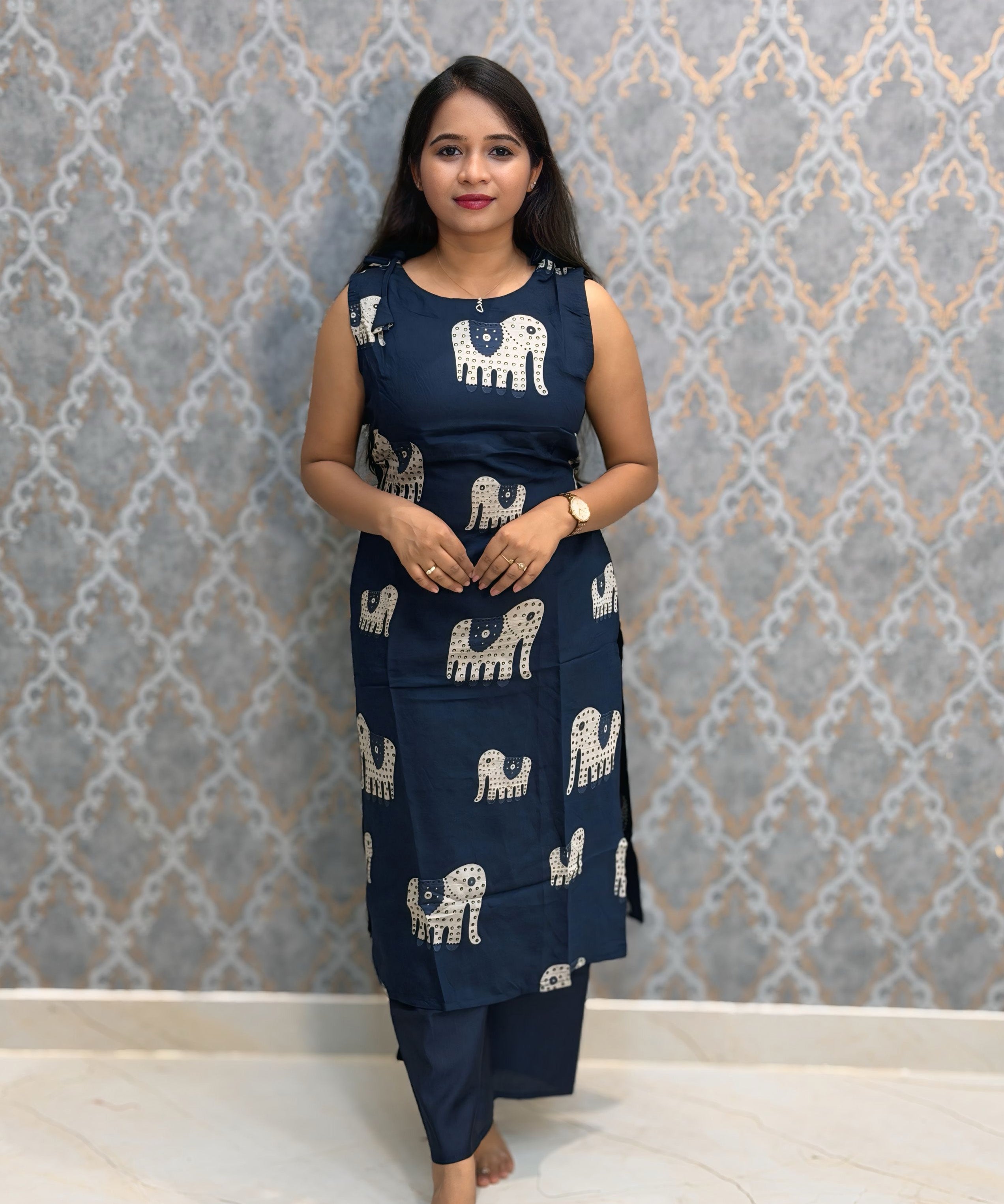 Blue Color Elephant Design Vatican Silk Coord Set with Sleeves / ESS418