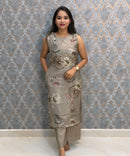 Taupe Grey Color Floral Design Vatican Silk Coord Set with Sleeves / ESS418