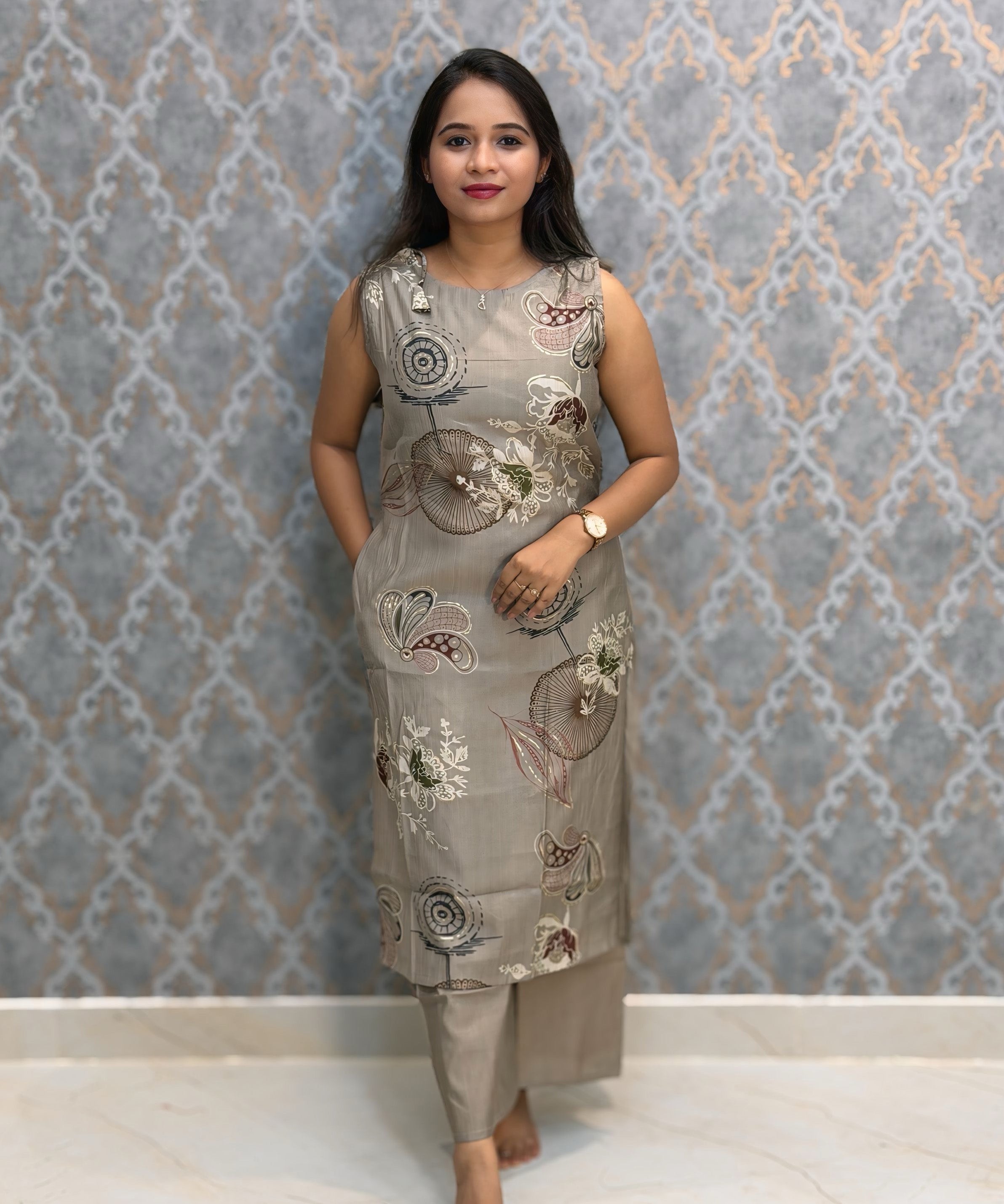 Taupe Grey Color Floral Design Vatican Silk Coord Set with Sleeves / ESS418