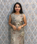 Taupe Grey Color Floral Design Vatican Silk Coord Set with Sleeves / ESS418