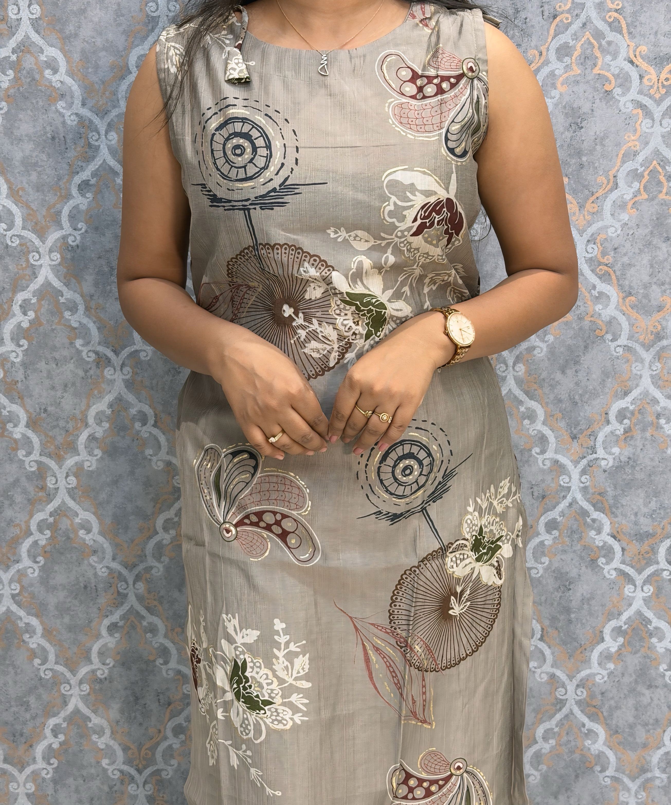 Taupe Grey Color Floral Design Vatican Silk Coord Set with Sleeves / ESS418