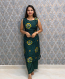 Dark Green Color Floral Design Vatican Silk Coord Set with Sleeves / ESS418