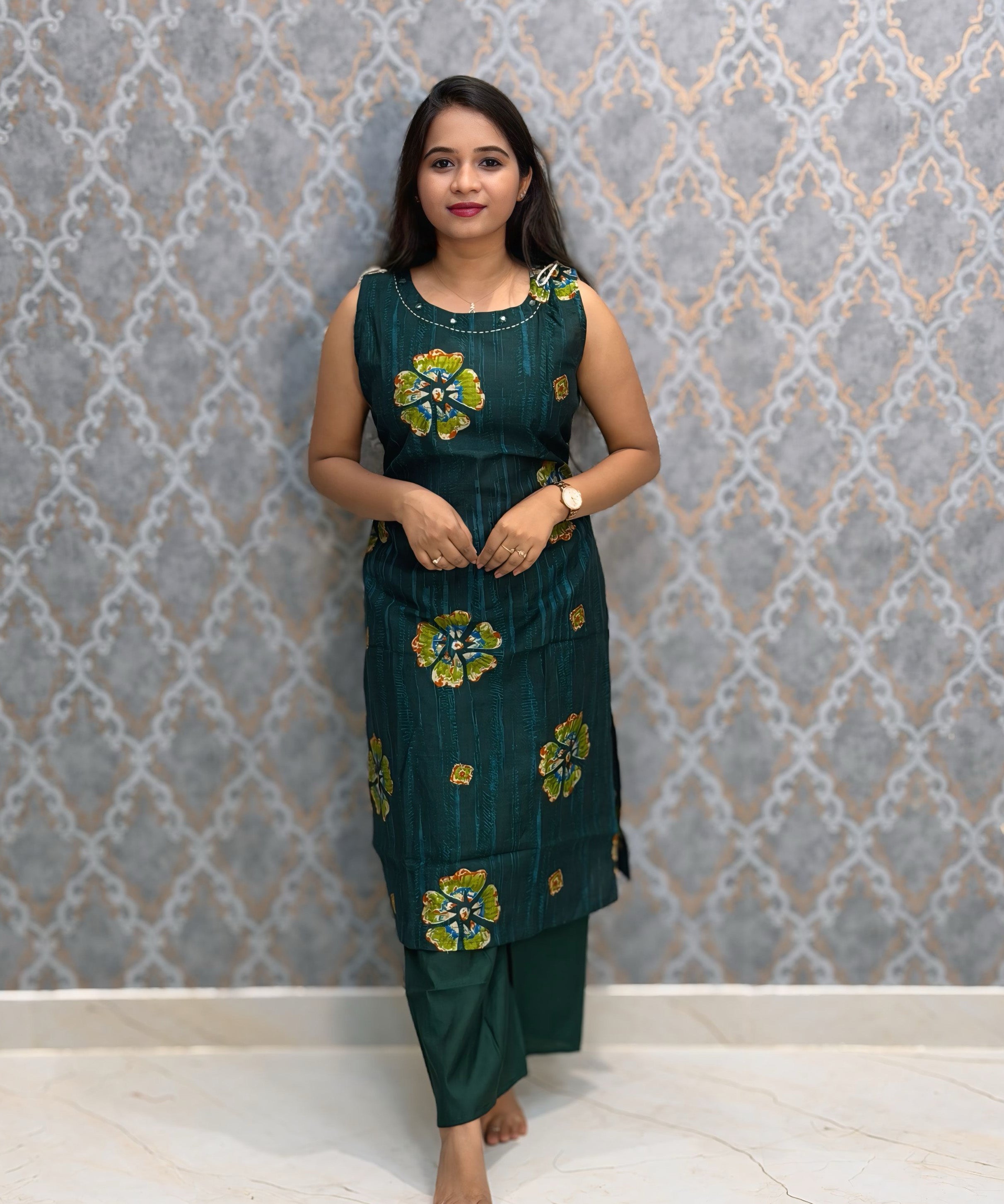 Dark Green Color Floral Design Vatican Silk Coord Set with Sleeves / ESS418