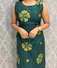 Dark Green Color Floral Design Vatican Silk Coord Set with Sleeves / ESS418