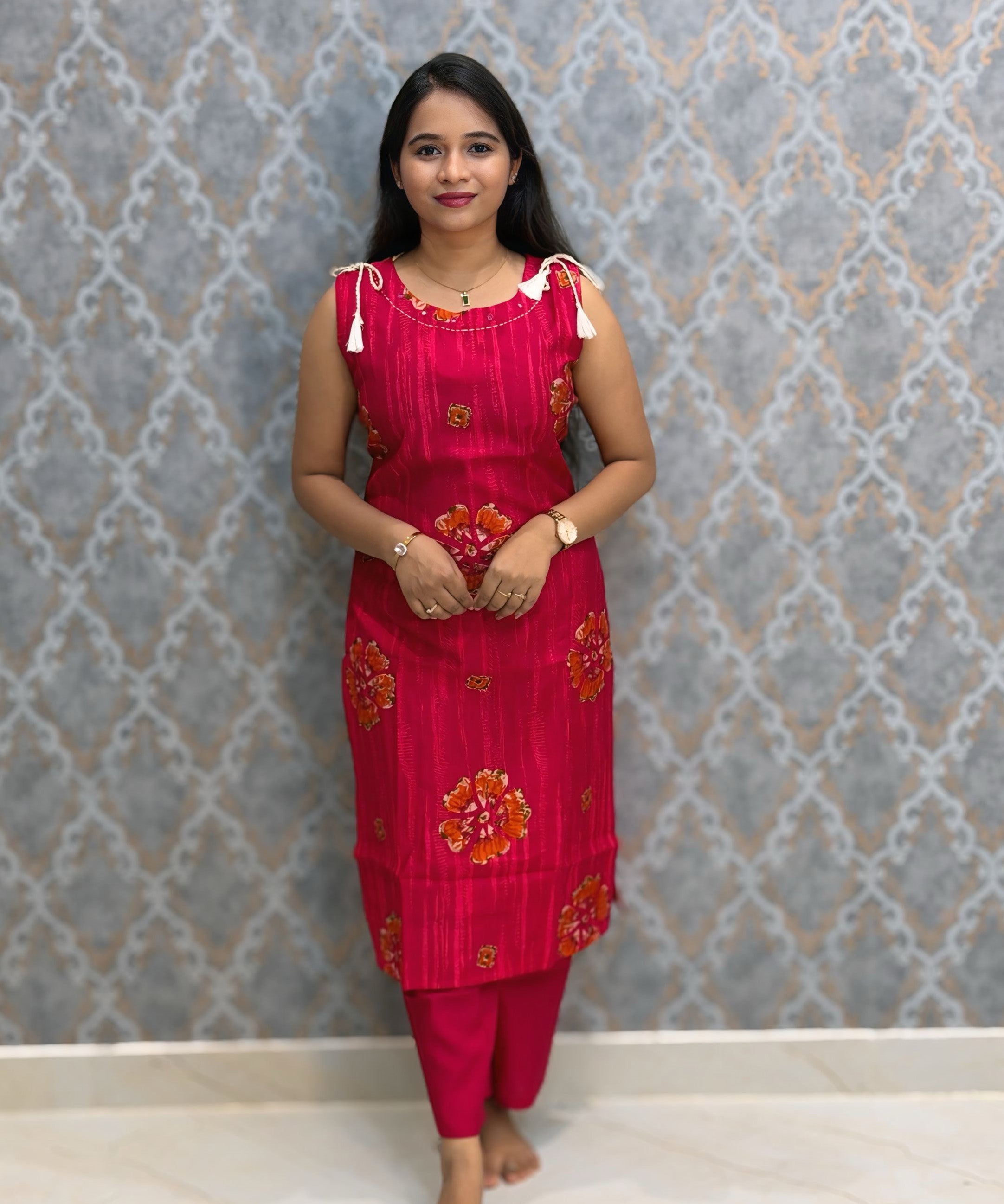 Cherry Pink Color Floral Design Vatican Silk Coord Set with Sleeves / ESS418