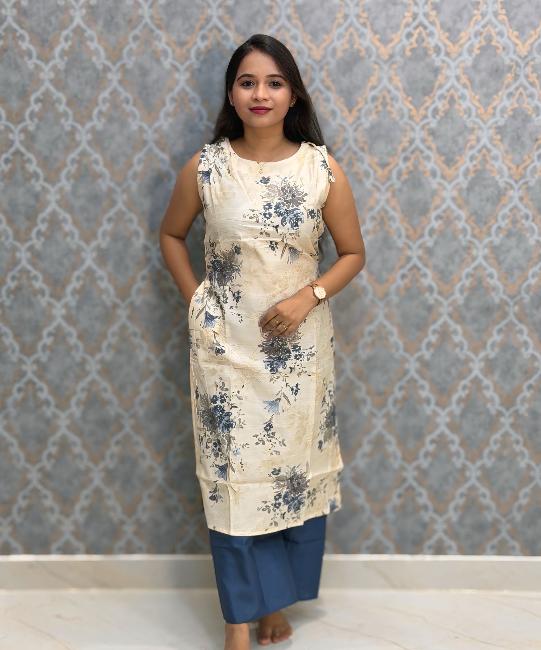 Half White and Blue Color Floral Design Vatican Silk Coord Set with Sleeves / ESS418