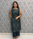 Teal Blue Color Floral Design Vatican Silk Coord Set with Sleeves / ESS418