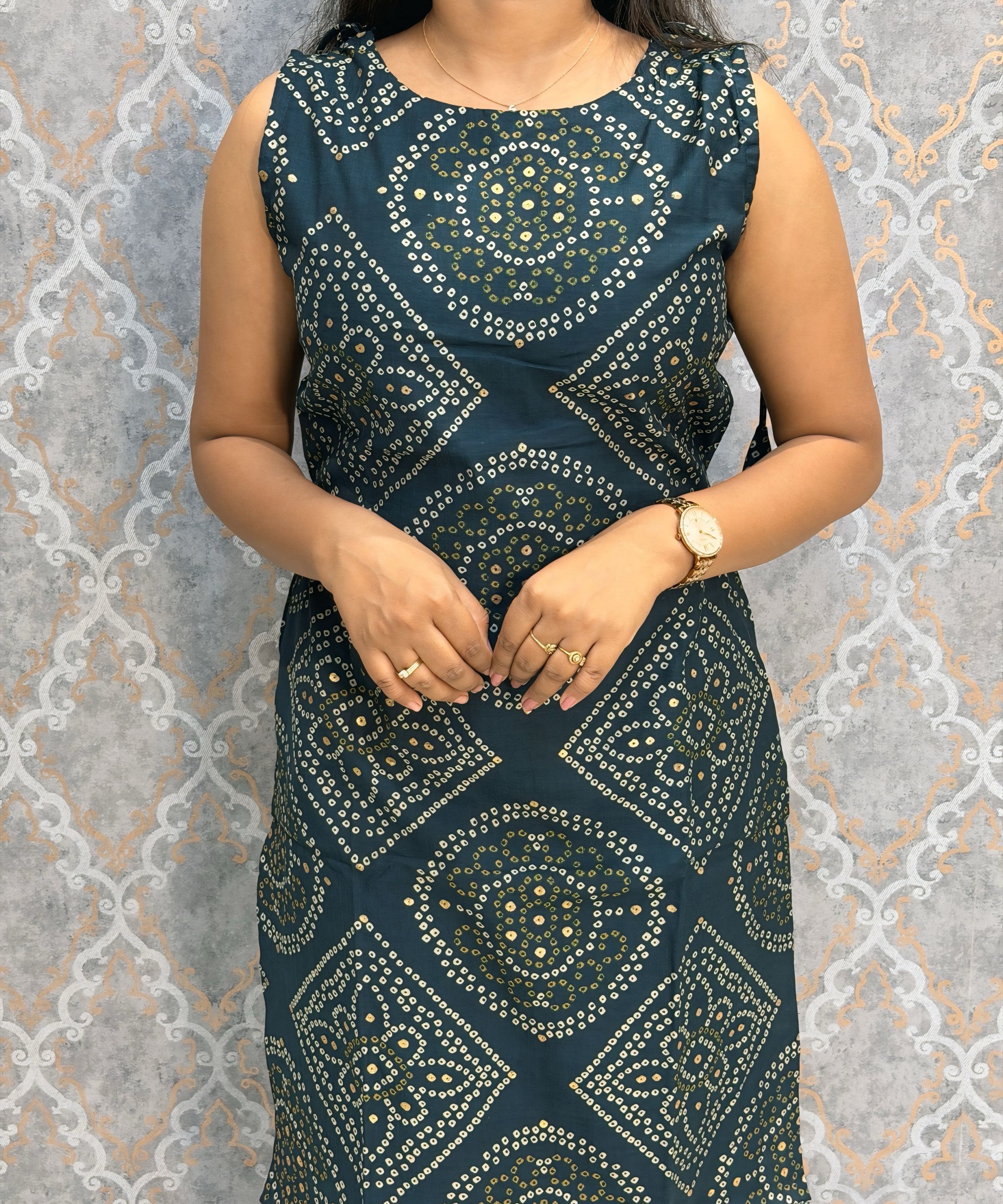 Teal Blue Color Floral Design Vatican Silk Coord Set with Sleeves / ESS418