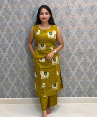 Mustard Yellow Color Elephant Design Vatican Silk Coord Set with Sleeves / ESS418