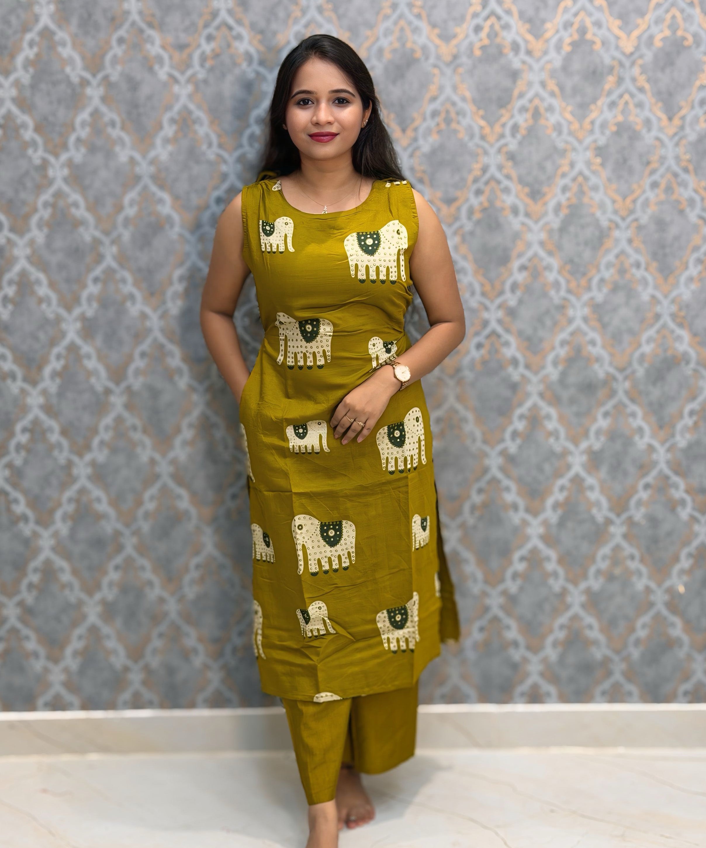 Mustard Yellow Color Elephant Design Vatican Silk Coord Set with Sleeves / ESS418