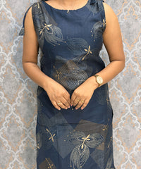 Blue Color Floral Design Vatican Silk Coord Set with Sleeves / ESS418