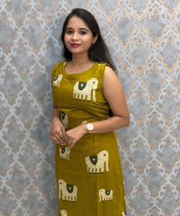 Mustard Yellow Color Elephant Design Vatican Silk Coord Set with Sleeves / ESS418
