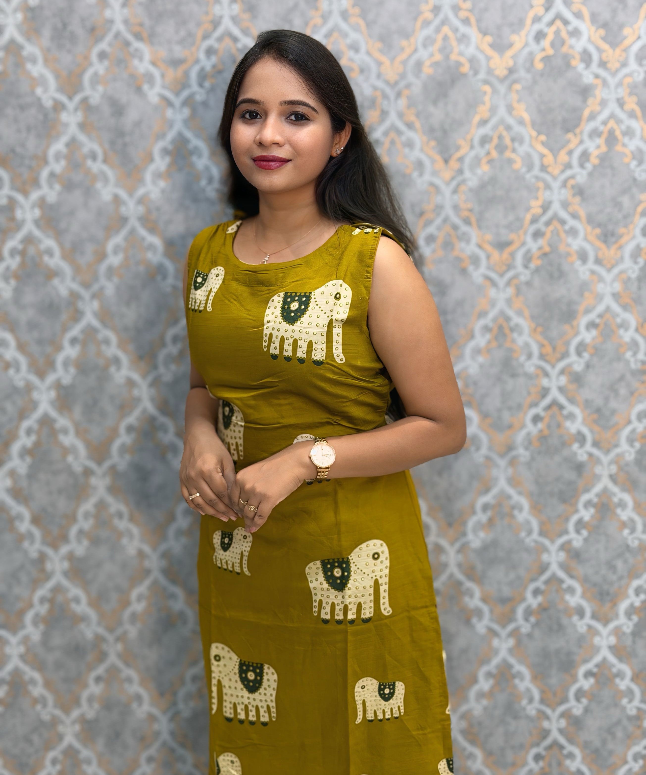 Mustard Yellow Color Elephant Design Vatican Silk Coord Set with Sleeves / ESS418