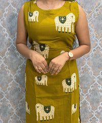 Mustard Yellow Color Elephant Design Vatican Silk Coord Set with Sleeves / ESS418