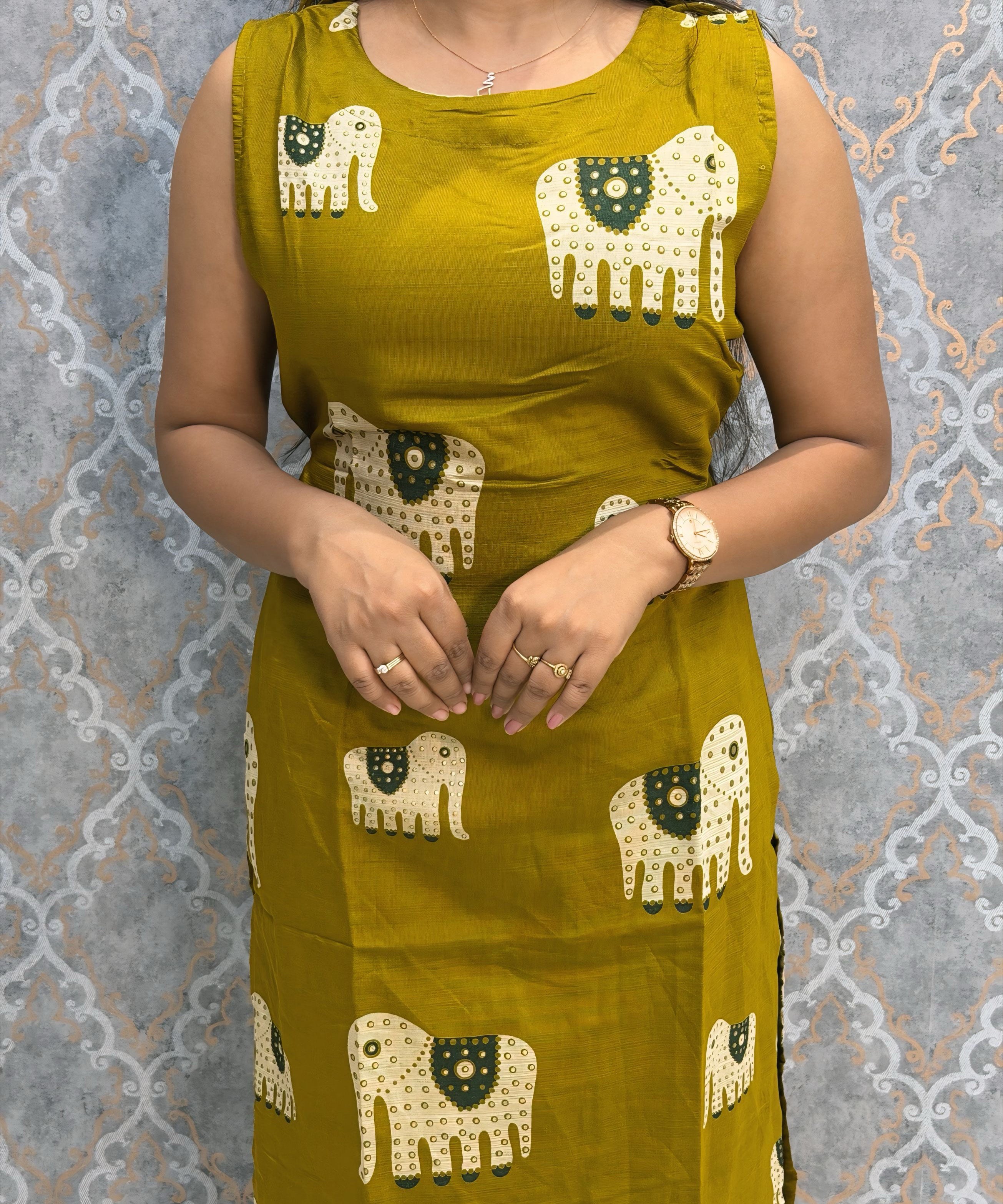 Mustard Yellow Color Elephant Design Vatican Silk Coord Set with Sleeves / ESS418