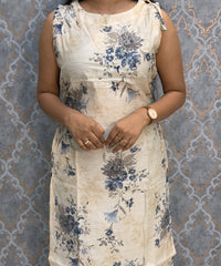 Half White and Blue Color Floral Design Vatican Silk Coord Set with Sleeves / ESS418