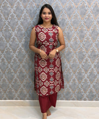 Maroon Color Floral Design Vatican Silk Coord Set with Sleeves / ESS418