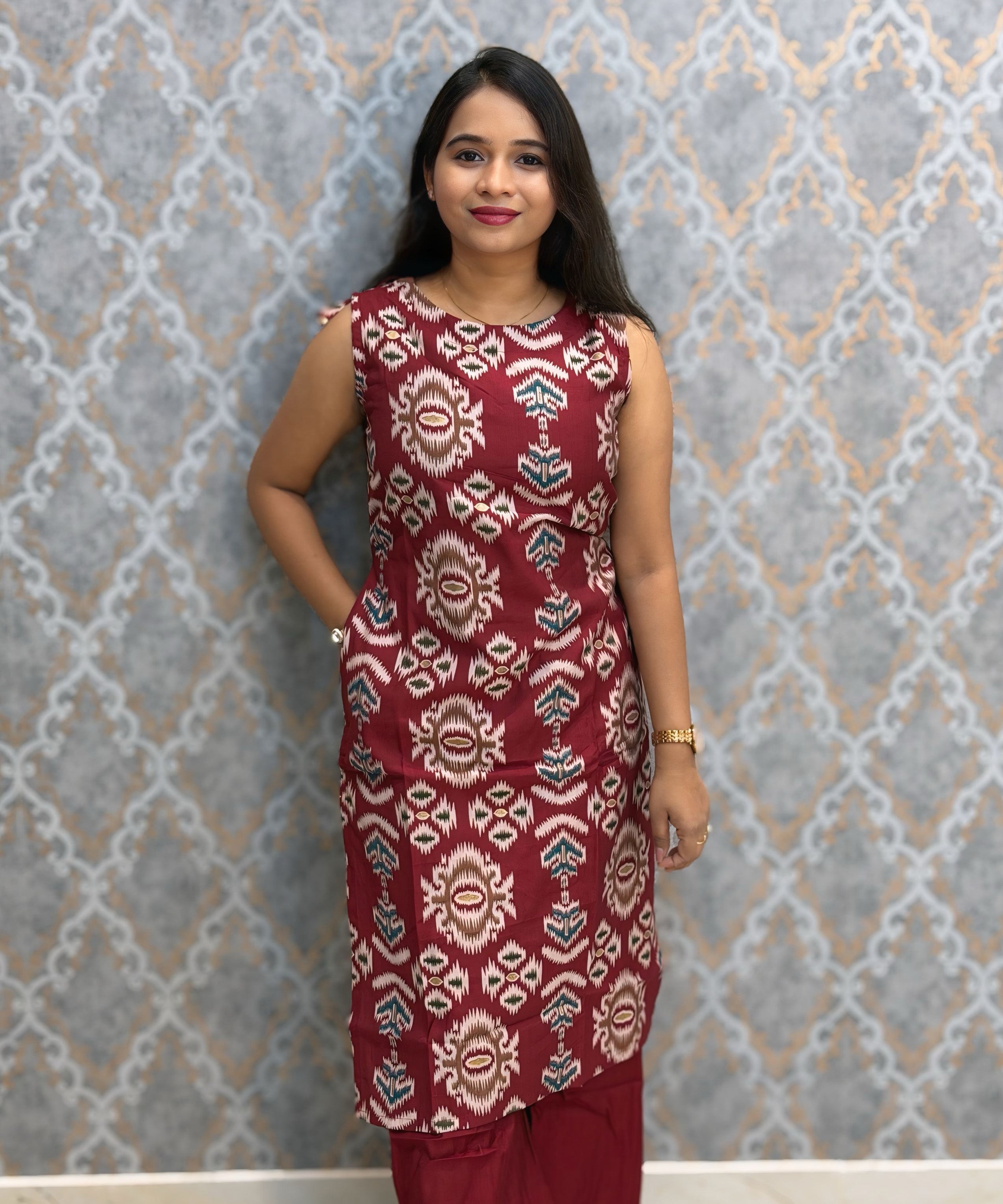 Maroon Color Floral Design Vatican Silk Coord Set with Sleeves / ESS418