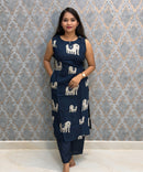 Blue Color Elephant Design Vatican Silk Coord Set with Sleeves / ESS418