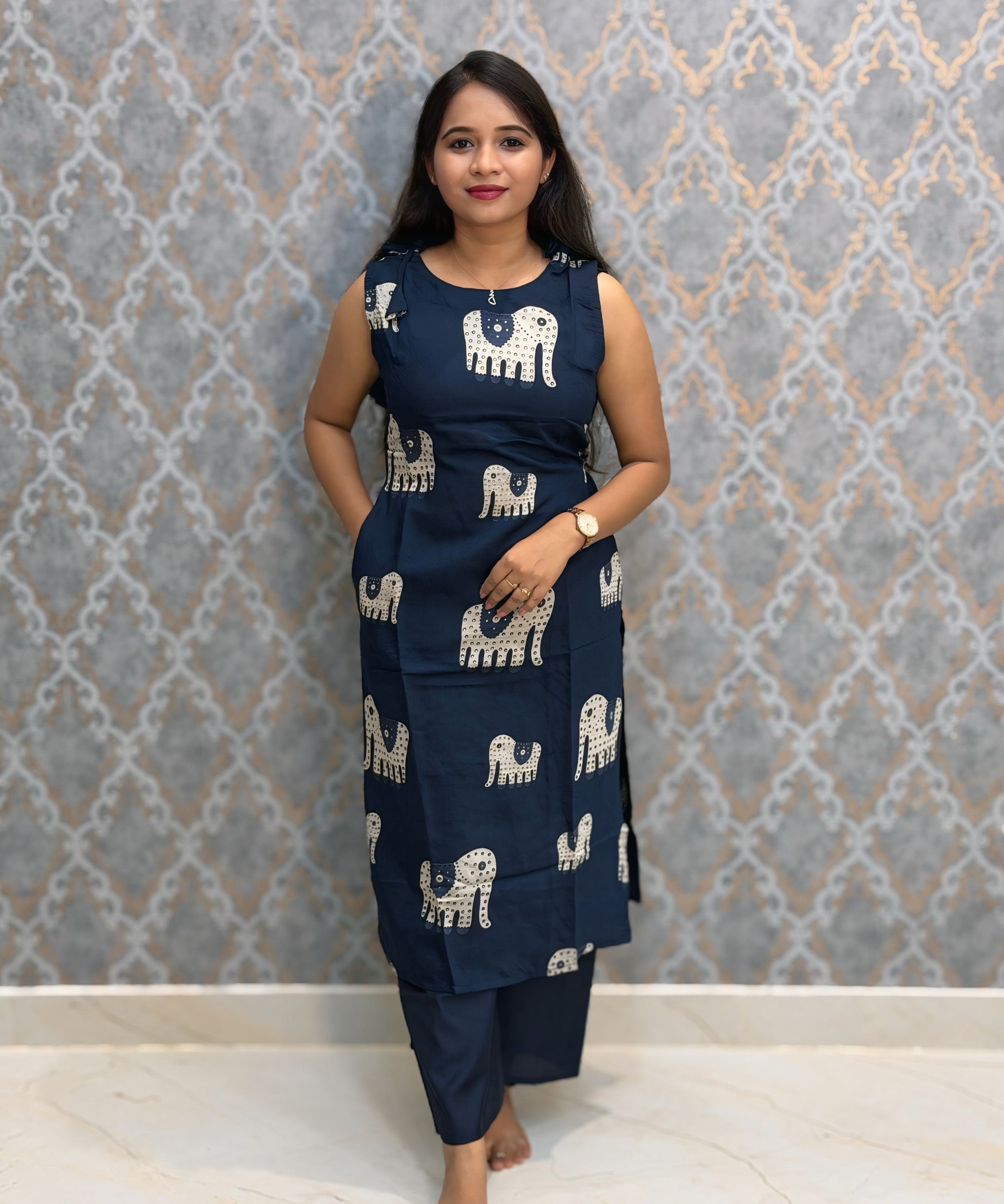 Blue Color Elephant Design Vatican Silk Coord Set with Sleeves / ESS418
