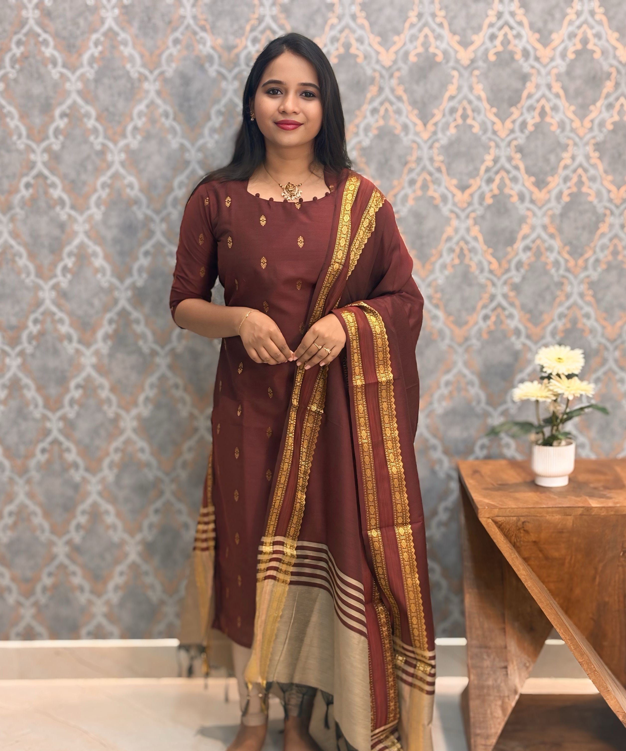 Maroon Color Vintage Style Premium Raw Silk Kurti and Dupatta / LSS207