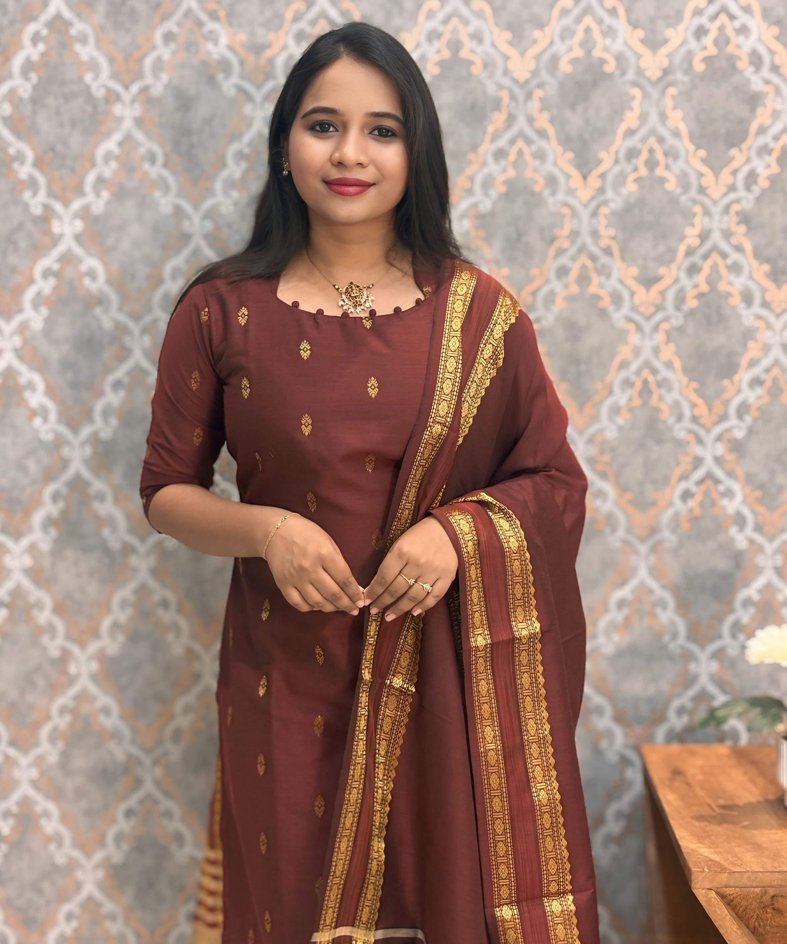 Maroon Color Vintage Style Premium Raw Silk Kurti and Dupatta / LSS207