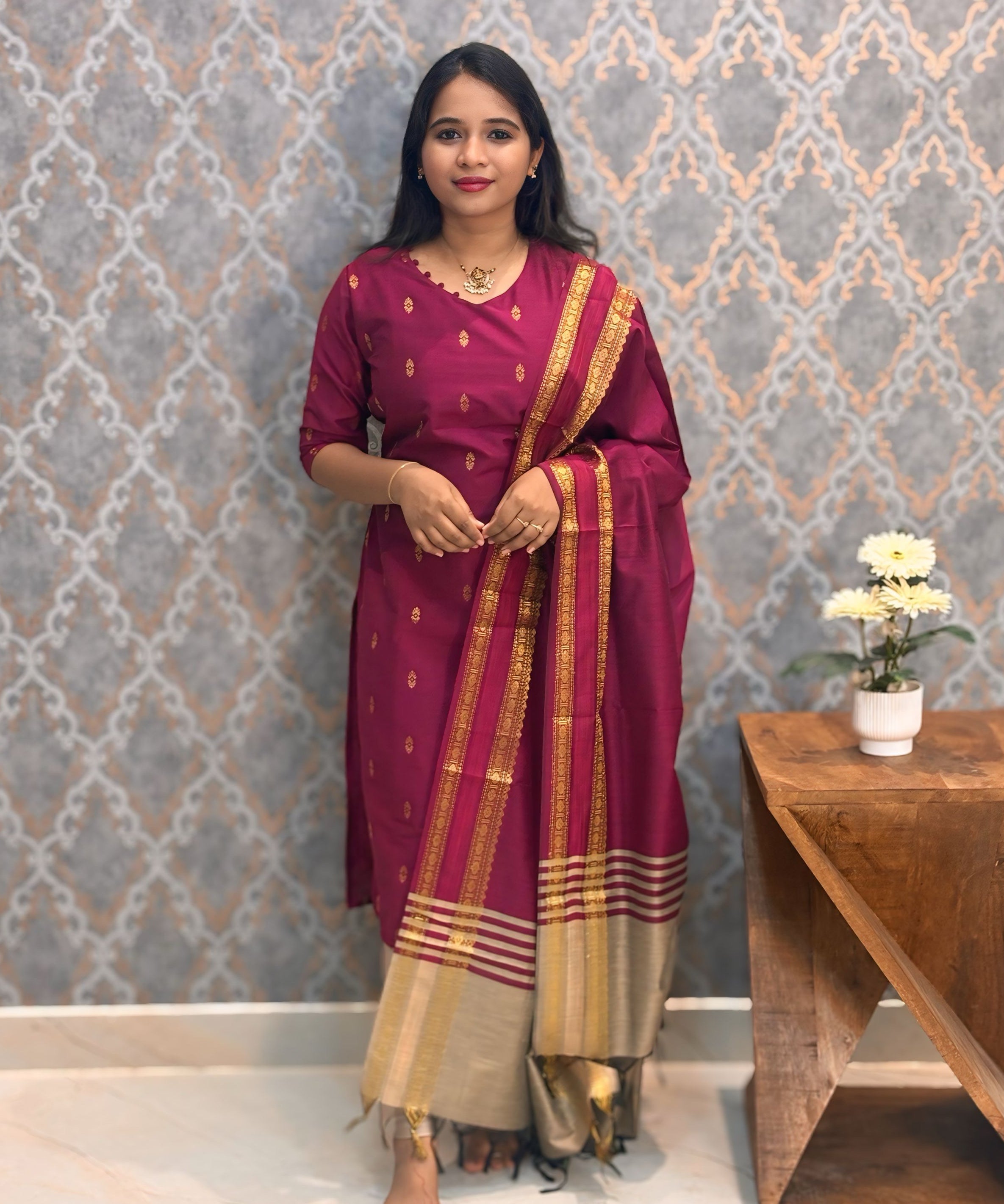 Wine Pink Color Vintage Style Premium Raw Silk Kurti and Dupatta / LSS207