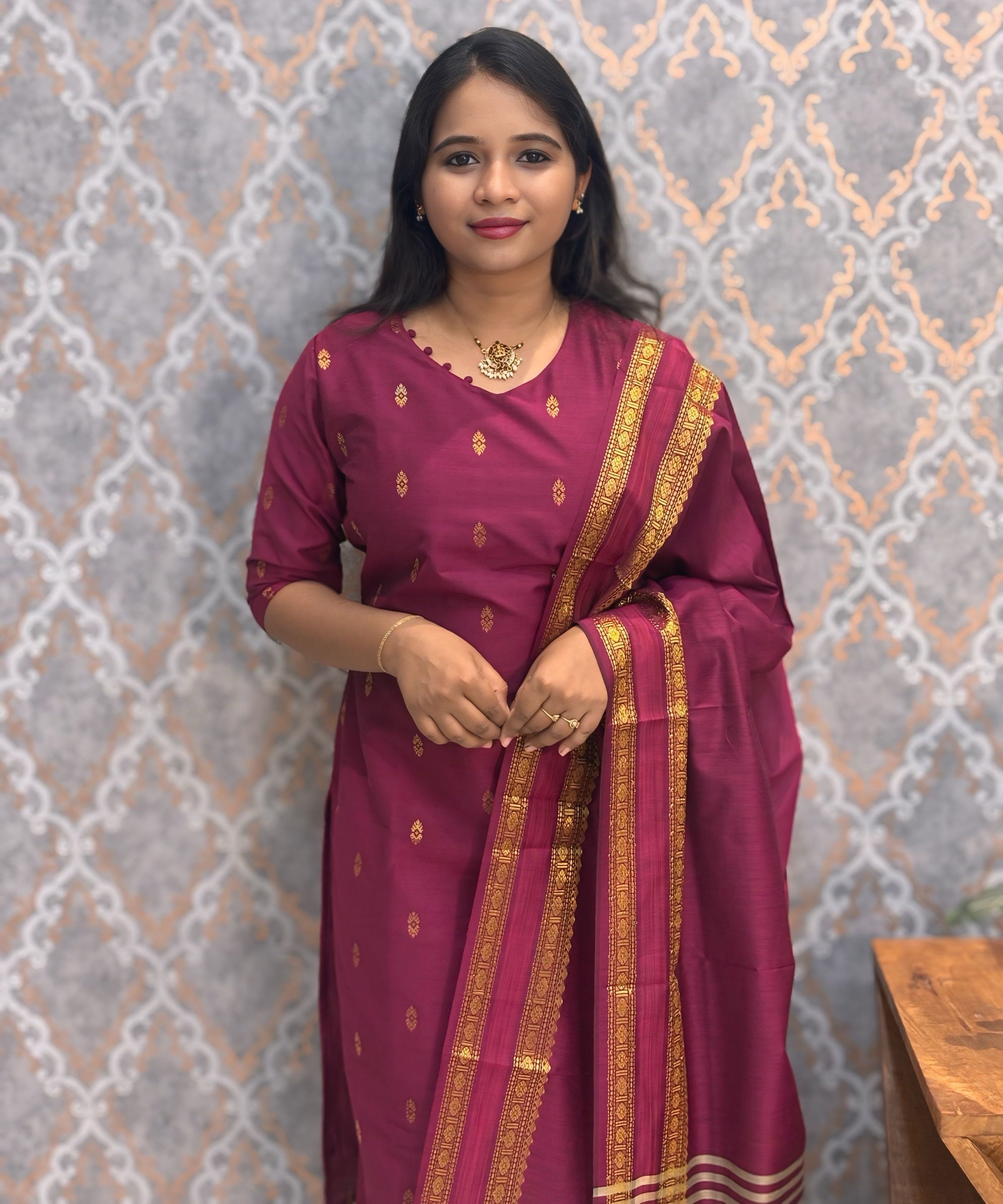 Wine Pink Color Vintage Style Premium Raw Silk Kurti and Dupatta / LSS207